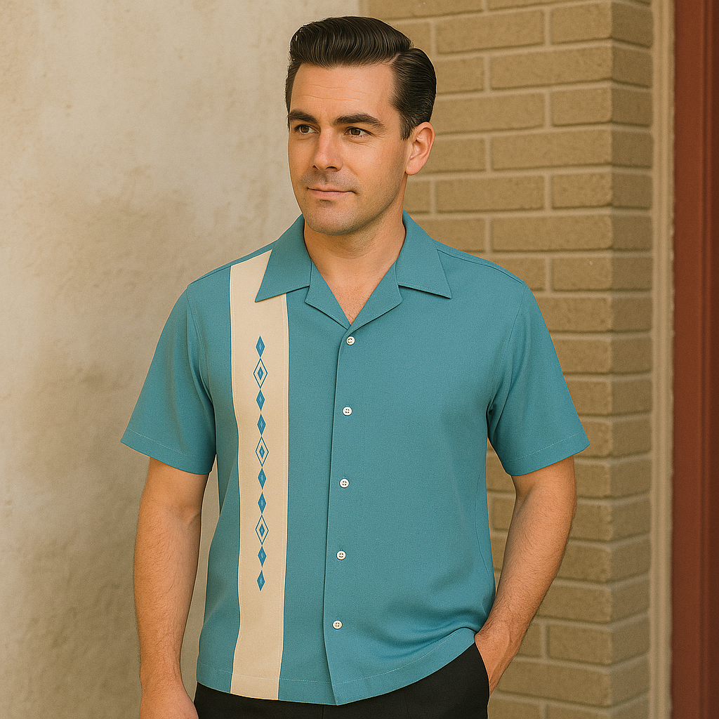 Nifty50's Havana One Panel Diamond Design Men's Retro Bowling Shirt Aqua/White
