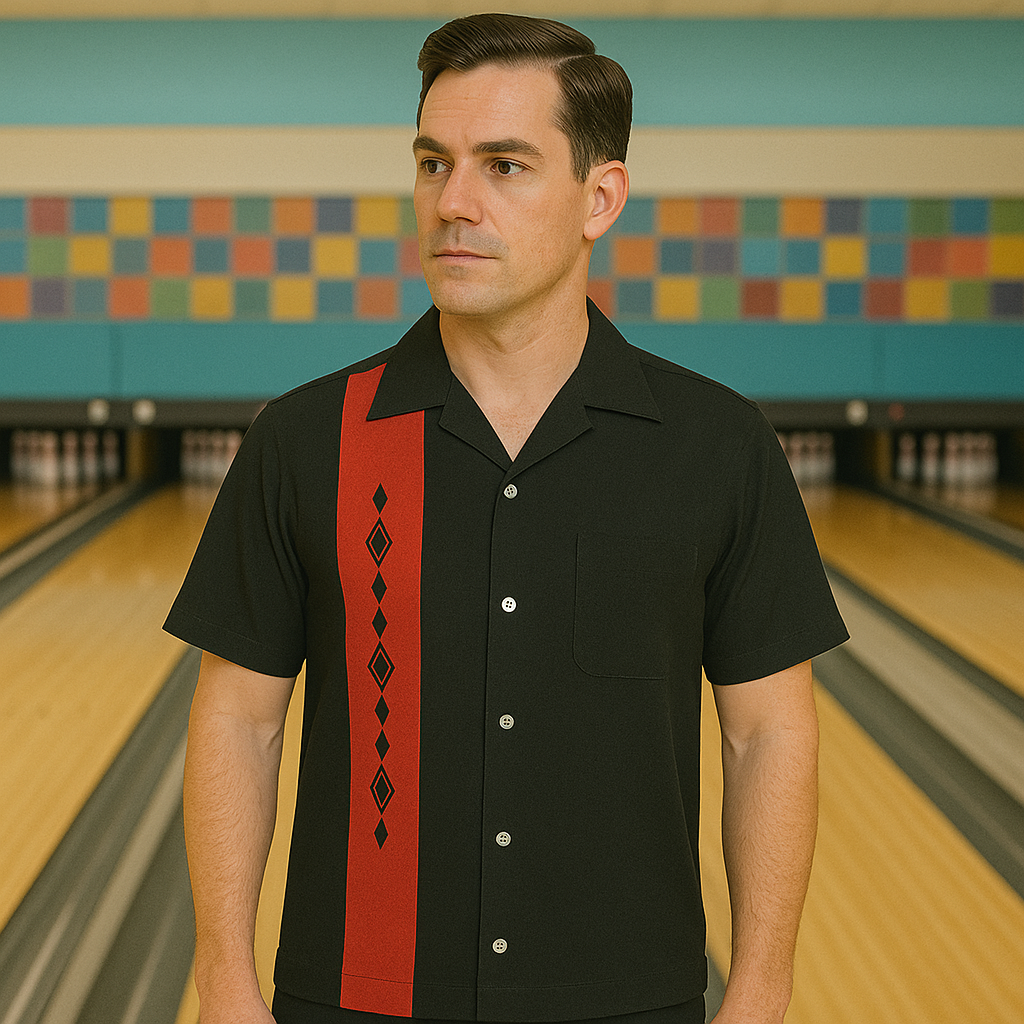 Nifty50's Havana One Panel Diamond Design Men's Retro Bowling Shirt Black/Red