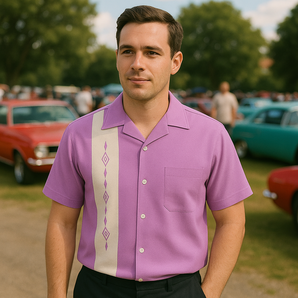 Nifty50's Havana One Panel Diamond Design Men's Retro Bowling Shirt Lilac/White