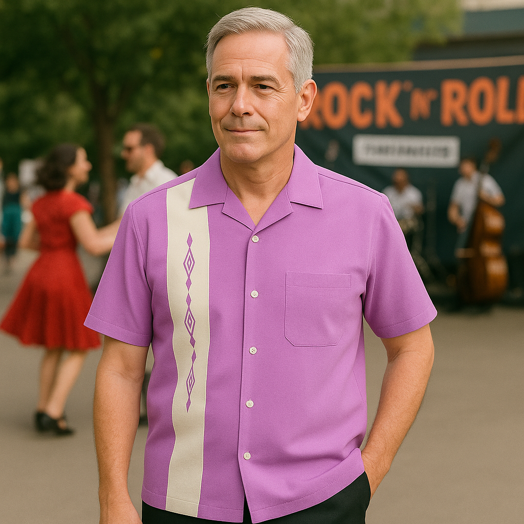 Nifty50's Havana One Panel Diamond Design Men's Retro Bowling Shirt Lilac/White