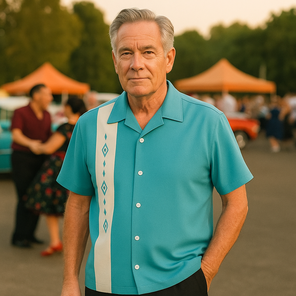 Nifty50's Havana One Panel Diamond Design Men's Retro Bowling Shirt Aqua/White