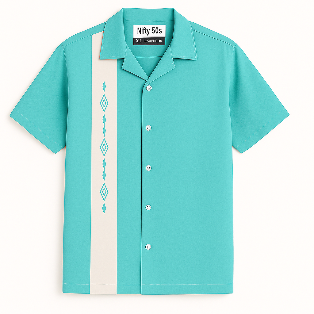 Nifty50's Havana One Panel Diamond Design Men's Retro Bowling Shirt Aqua/White