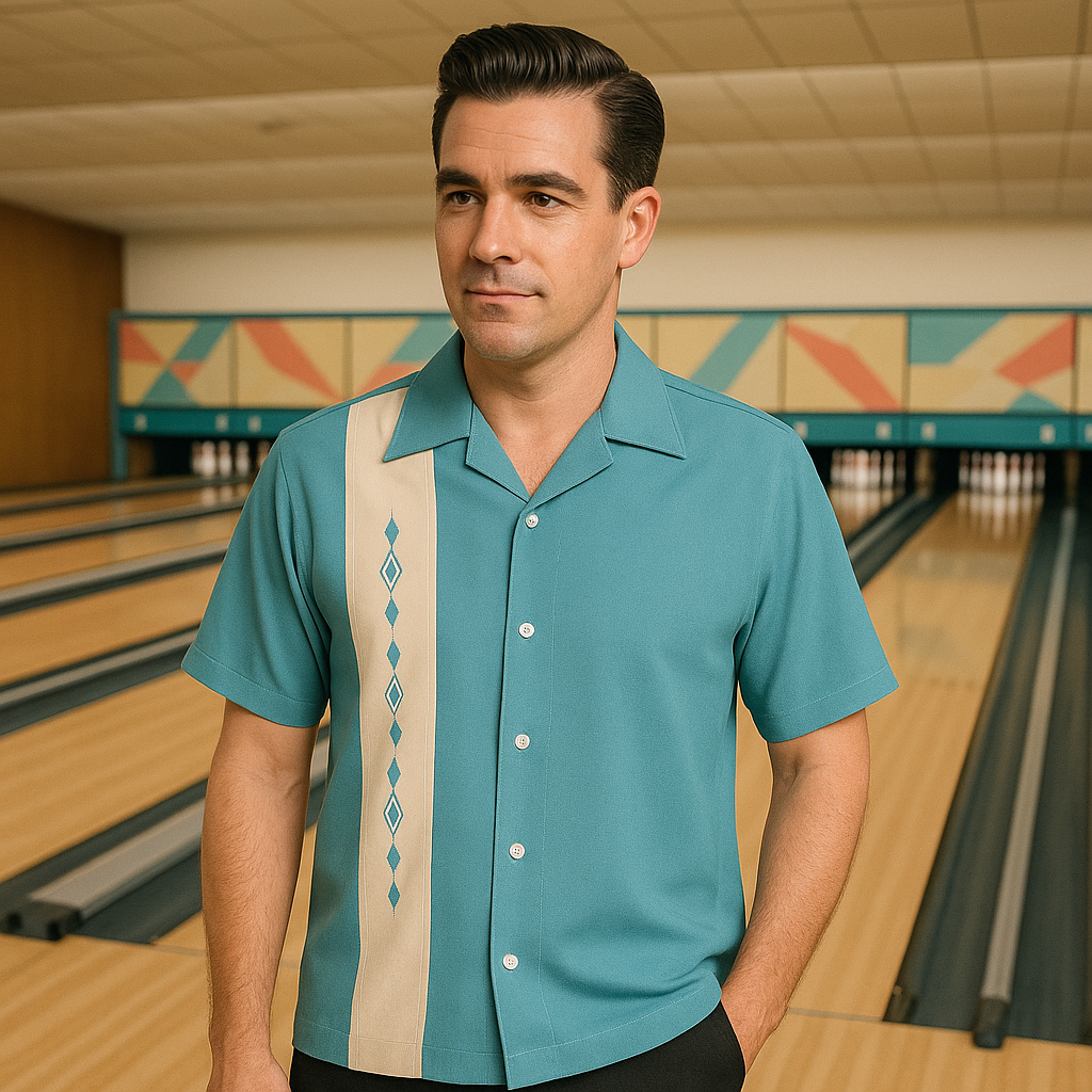 Nifty50's Havana One Panel Diamond Design Men's Retro Bowling Shirt Aqua/White