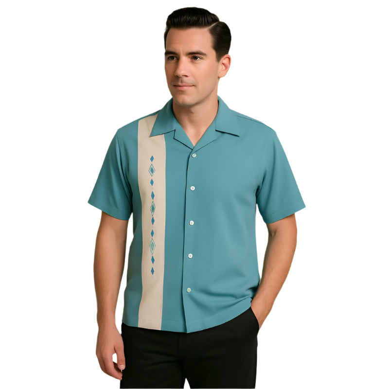 Nifty50's Havana One Panel Diamond Design Men's Retro Bowling Shirt Aqua/White