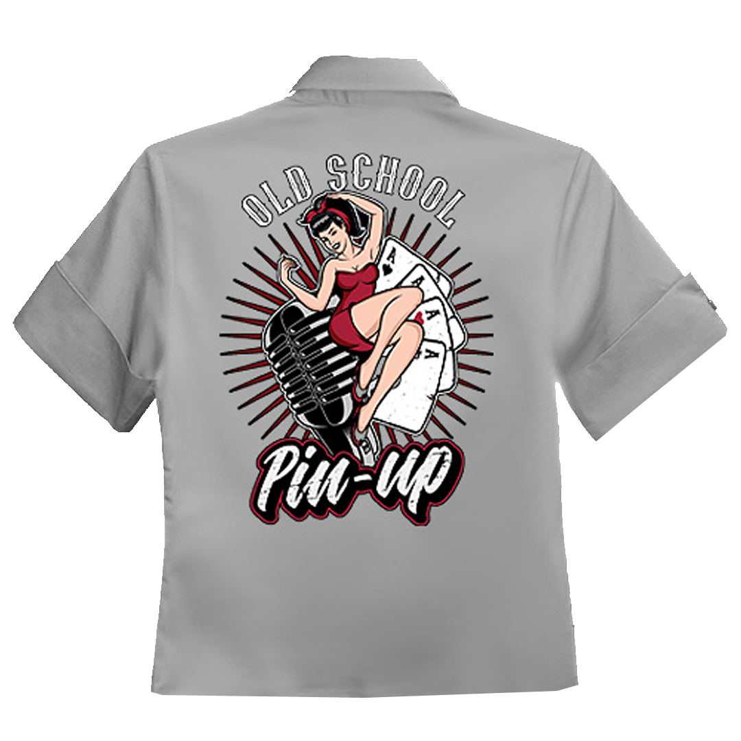 R88-PIN-GRY-W Old School Pinup Ladies Work Shirt - Nichole Jade Rockabilly Boutique