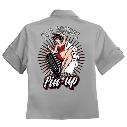 R88-PIN-GRY-W Old School Pinup Ladies Work Shirt - Nichole Jade Rockabilly Boutique